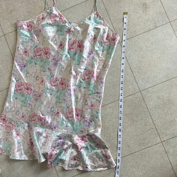 Vintage Intimate Moments Floral Slip Dress L Satin Pink Green Ruffle Hem - Picture 6 of 6